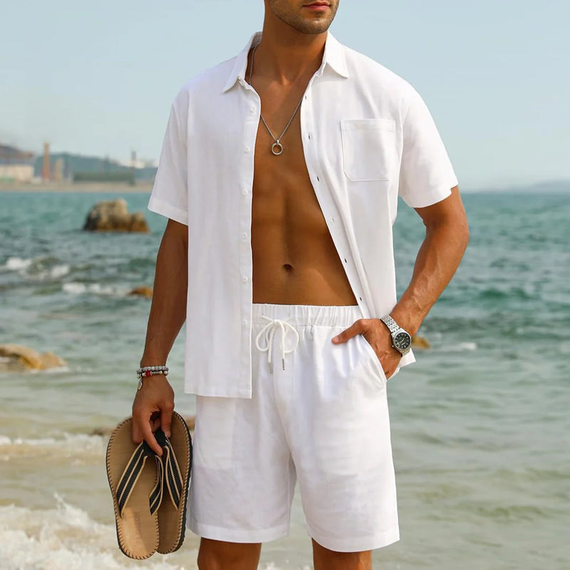 Kit Conjunto West com Camisa e Shorts com Textura em Linho e Lã + BRINDES: Relógio e Óculos