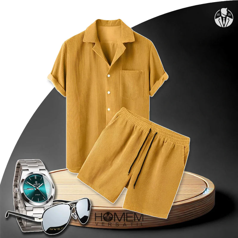 Kit Conjunto West com Camisa e Shorts com Textura em Linho e Lã + BRINDES: Relógio e Óculos