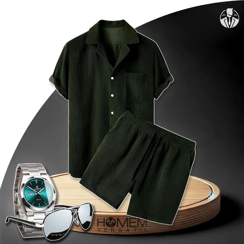 Kit Conjunto West com Camisa e Shorts com Textura em Linho e Lã + BRINDES: Relógio e Óculos