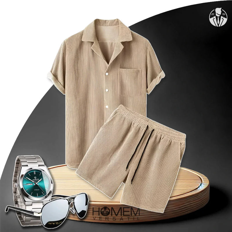 Kit Conjunto West com Camisa e Shorts com Textura em Linho e Lã + BRINDES: Relógio e Óculos