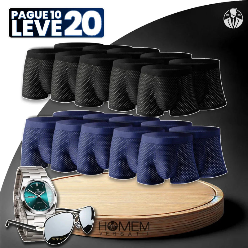 [Pague 10, Leve 20] Kit de Cuecas Brave Boxer de Fibra de Bambu com BRINDES: Relógio e Óculos