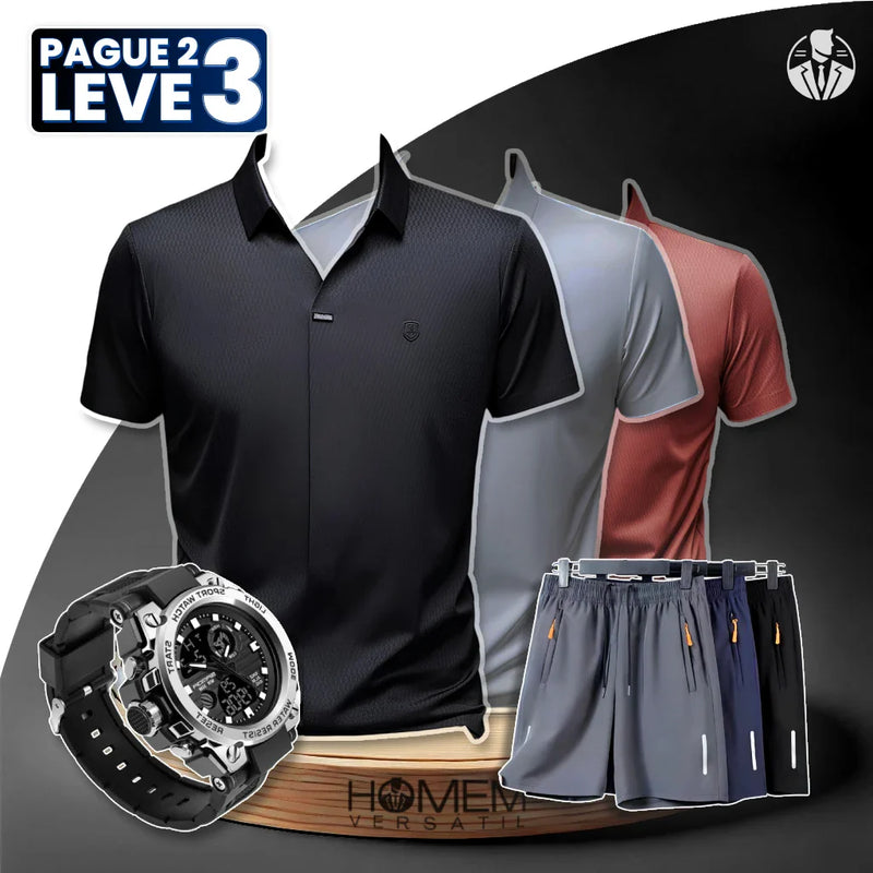 [Pague 2, Leve 3] Kit de Camisas Polo Nexus em Seda Gelo e Poliéster + BRINDES: 3 Bermudas e Relógio Tático