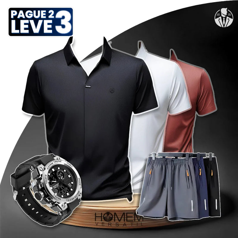 [Pague 2, Leve 3] Kit de Camisas Polo Nexus em Seda Gelo e Poliéster + BRINDES: 3 Bermudas e Relógio Tático