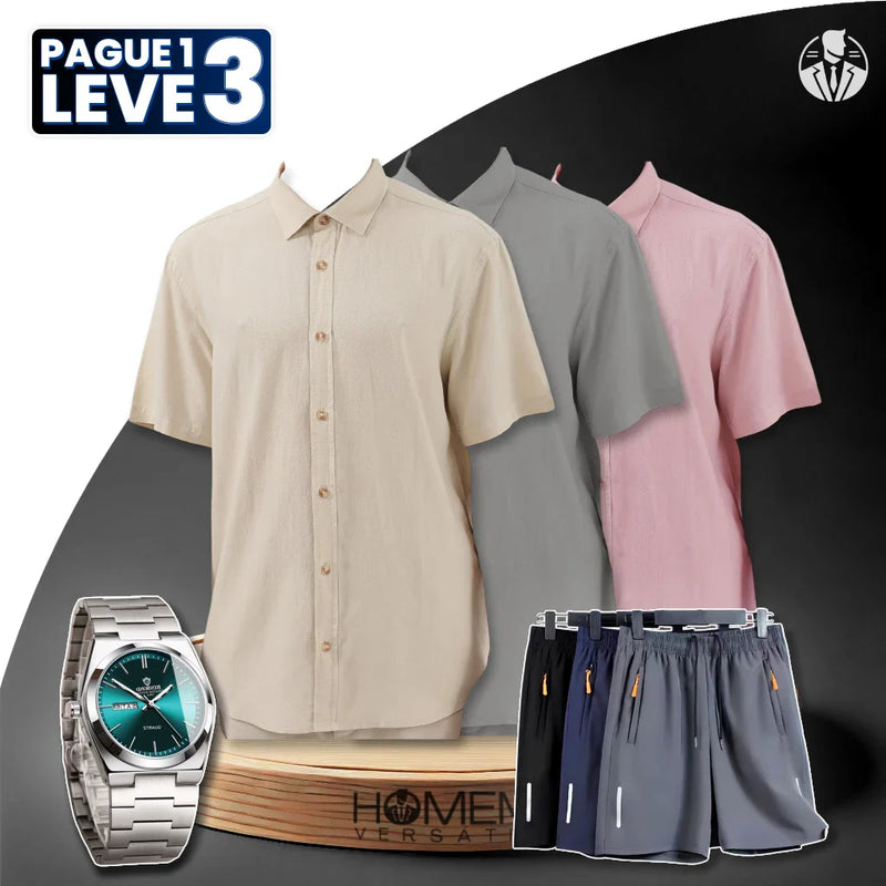 [Pague 1, Leve 3] Kit Camisas Davin Respiráveis em Viscose e Linho + BRINDES: 3 Bermudas e Relógio