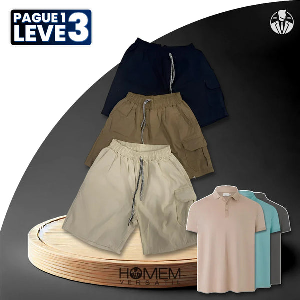 [Pague 1, Leve 3] Bermuda Cargo Loren de Algodão e Sarja + BRINDE: 3 Camisas Polo