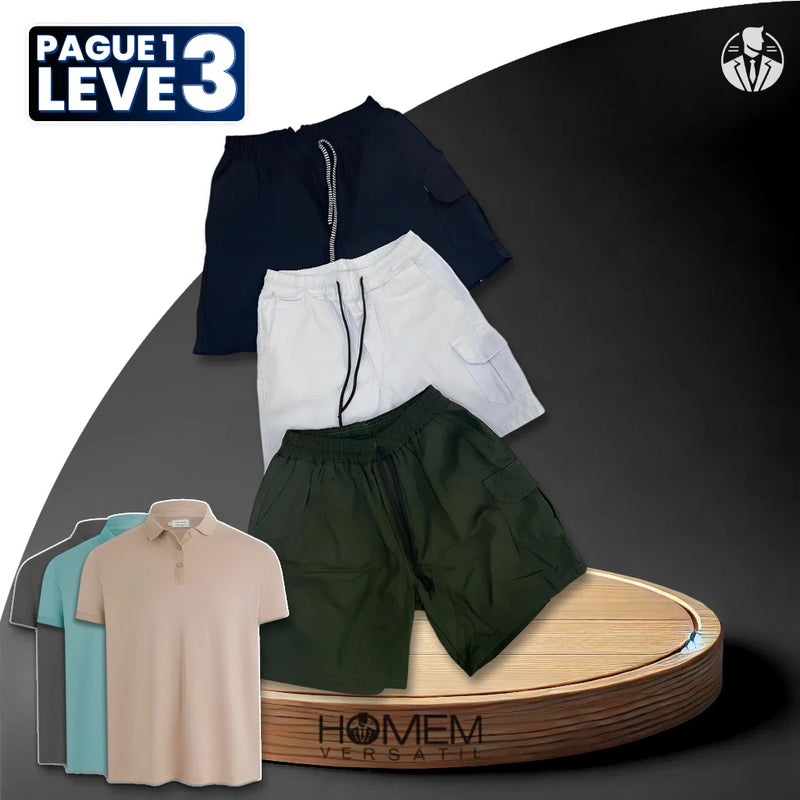 [Pague 1, Leve 3] Bermuda Cargo Loren de Algodão e Sarja + BRINDE: 3 Camisas Polo