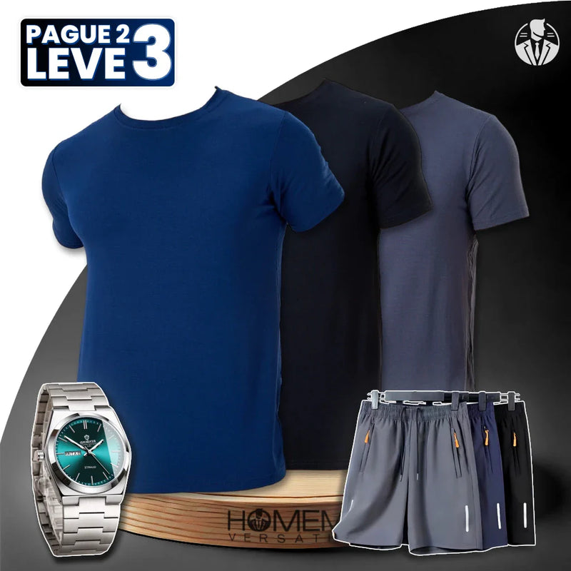 (Pague 2, Leve 3) Kit Camisetas Zavox Slim em Elastano e Viscose Macia + 3 Bermudas e Relógio GRÁTIS