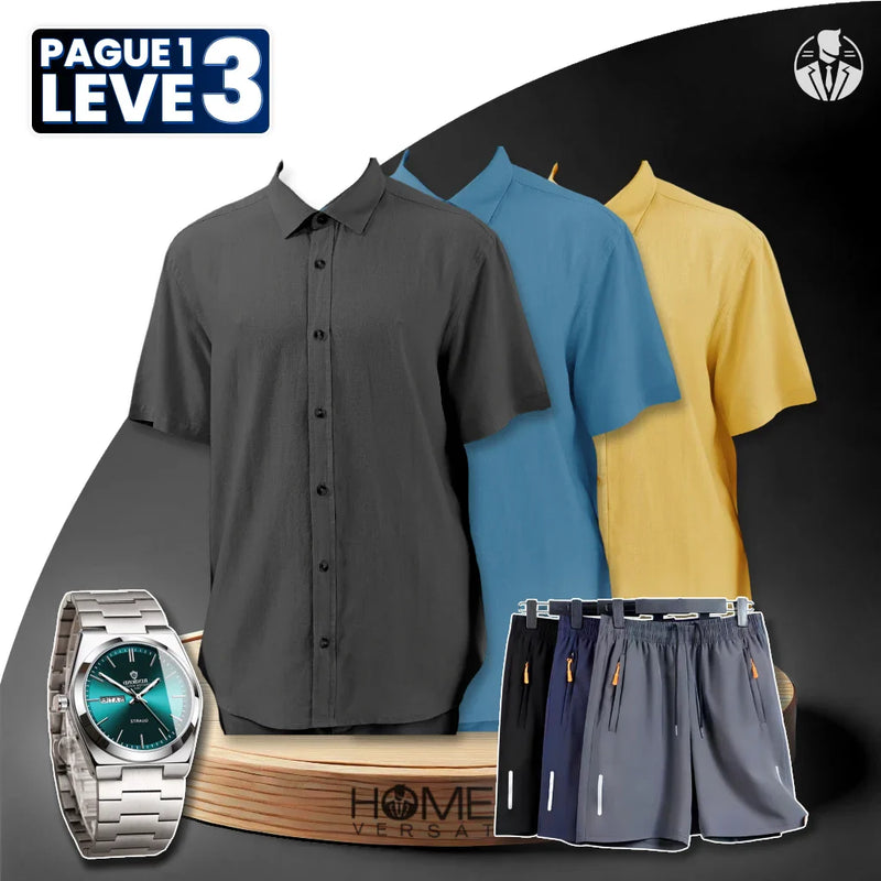 [Pague 1, Leve 3] Kit Camisas Davin Respiráveis em Viscose e Linho + BRINDES: 3 Bermudas e Relógio